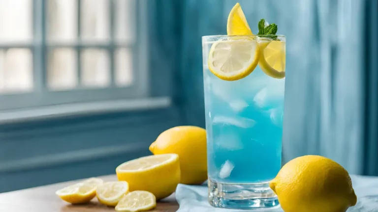 A glass of blue lemonade with lemons on a table