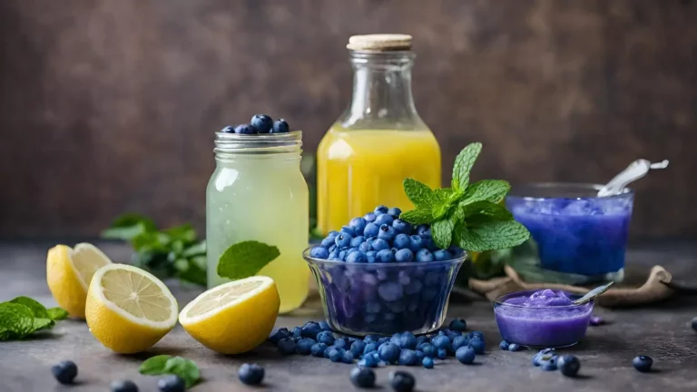 Fresh lemons, blueberries, mint, and butterfly pea flowers displayed, highlighting the natural ingredients used in making blue lemonade.